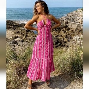 ZARA PINK CUTWORK EMBROIDERED MIDI OPEN BACK SUMMER DRESS SIZE Xs  BEACH